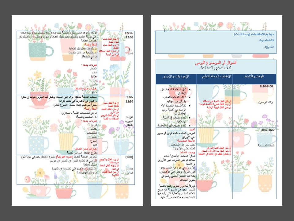 تحضير الاستمارة اليومية وحدة النبات رياض أطفال