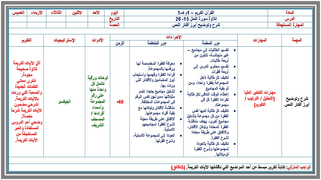 تحضير مادة القرآن الكريم أول متوسط فصل دراسي أول 