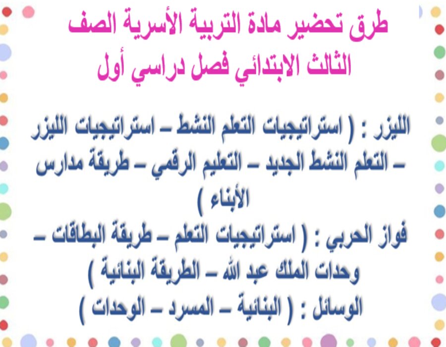 حل أسئلة التربية الأسرية الصف الثالث الابتدائي فصل دراسي أول