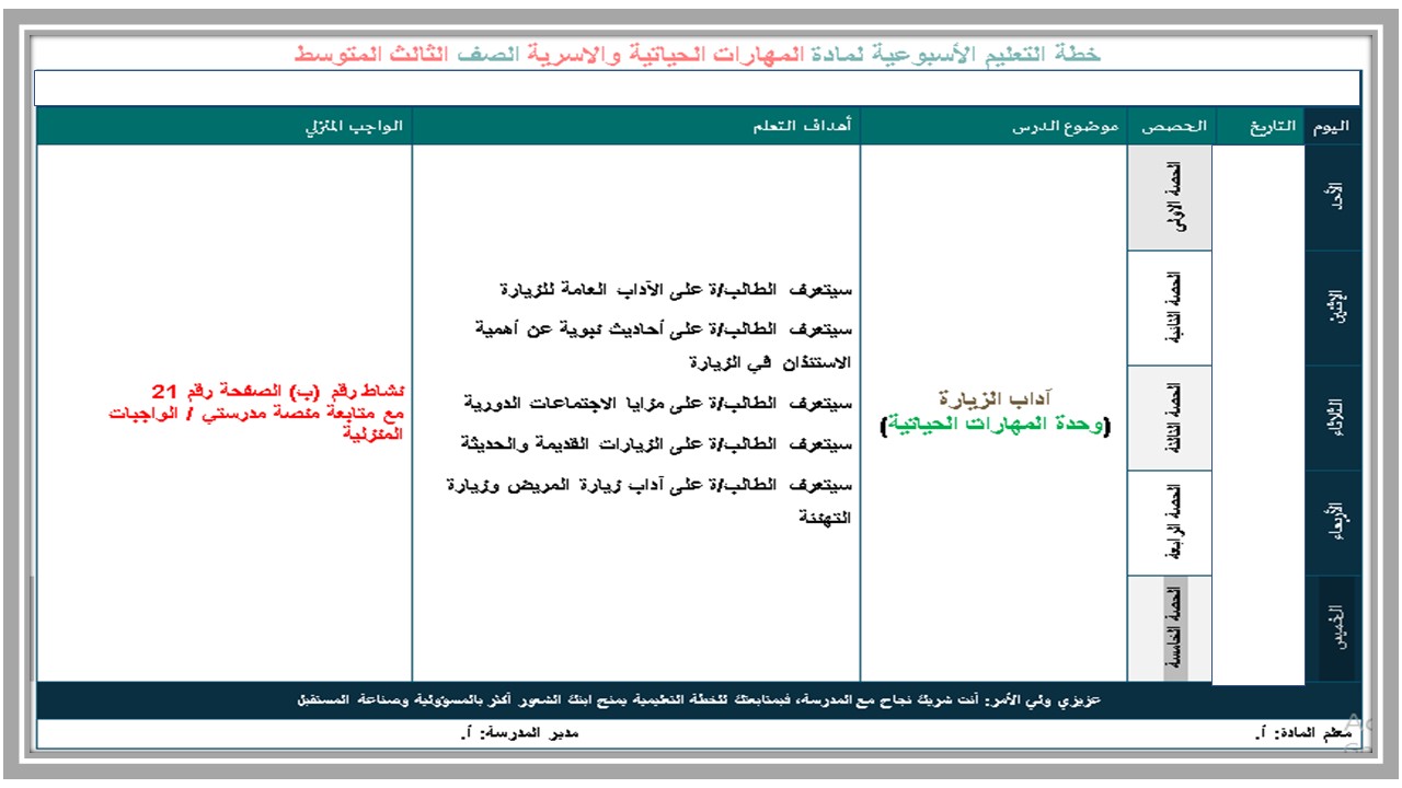 ورق عمل تربية اسرية صف ثالث متوسط الفصل الأول