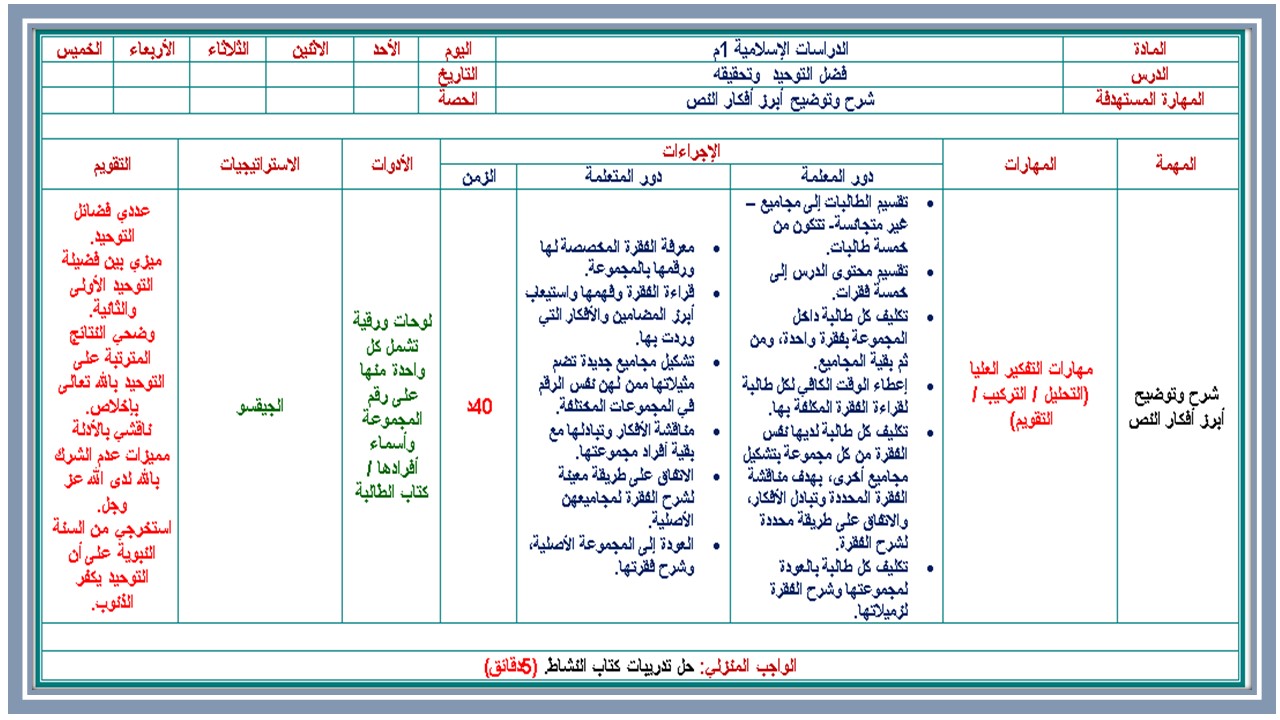 تحضير مادة التوحيد أول متوسط فصل دراسي أول  