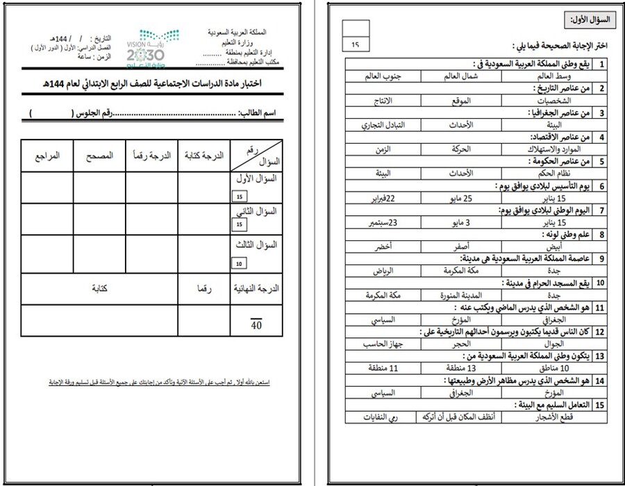 حل أسئله ماده الاجتماعيات الصف الرابع الابتدائي الفصل الدراسي الاول