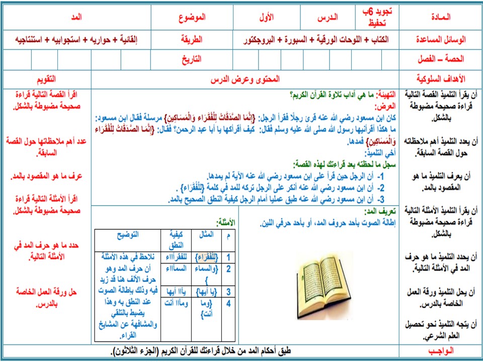 كتاب مادة التجويد صف سادس ابتدائي الفصل الأول