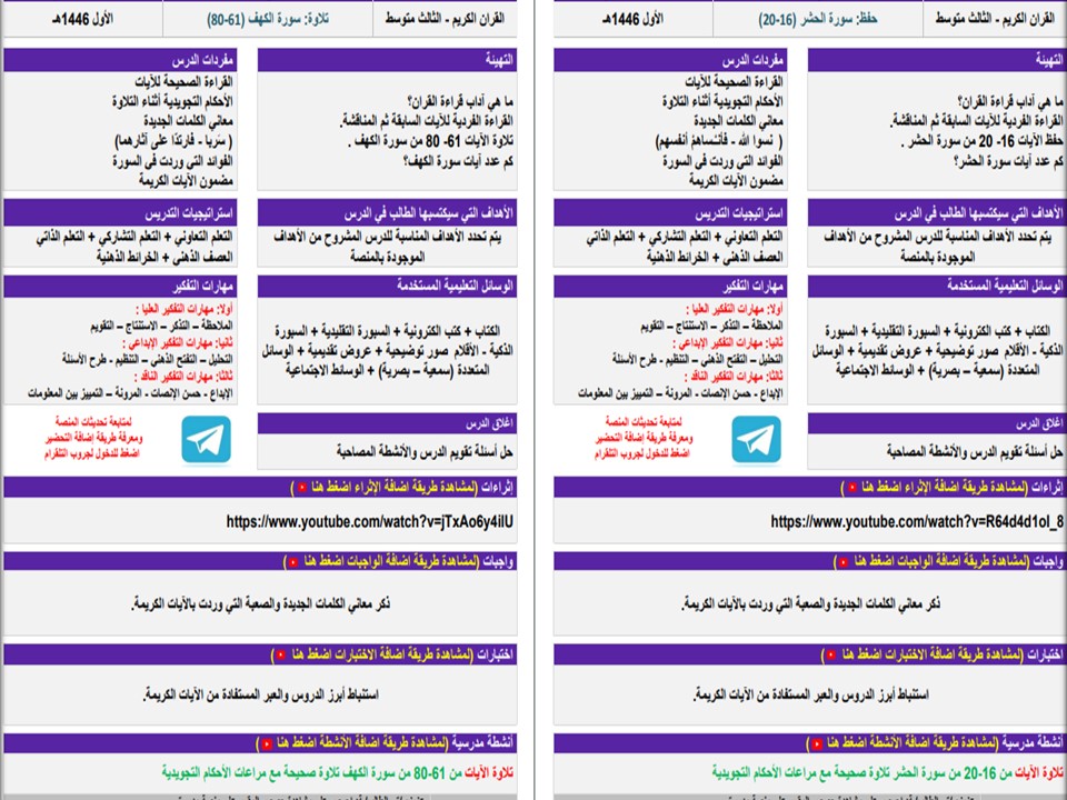 مهارات مادة القرآن الكريم صف ثالث متوسط الفصل الأول