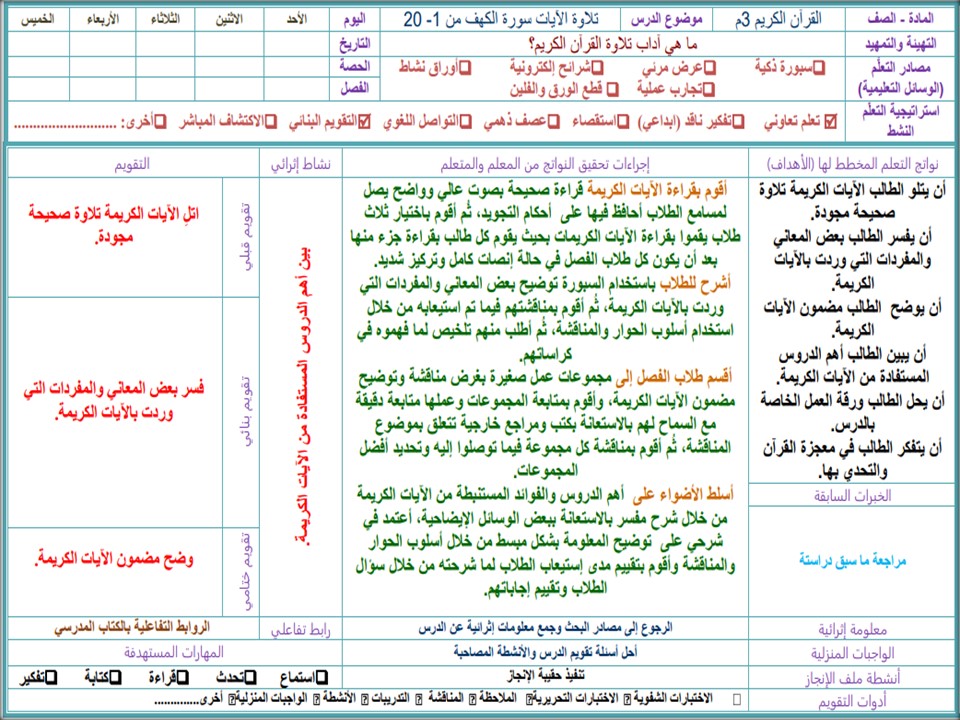 مهارات مادة القرآن الكريم صف ثالث متوسط الفصل الأول