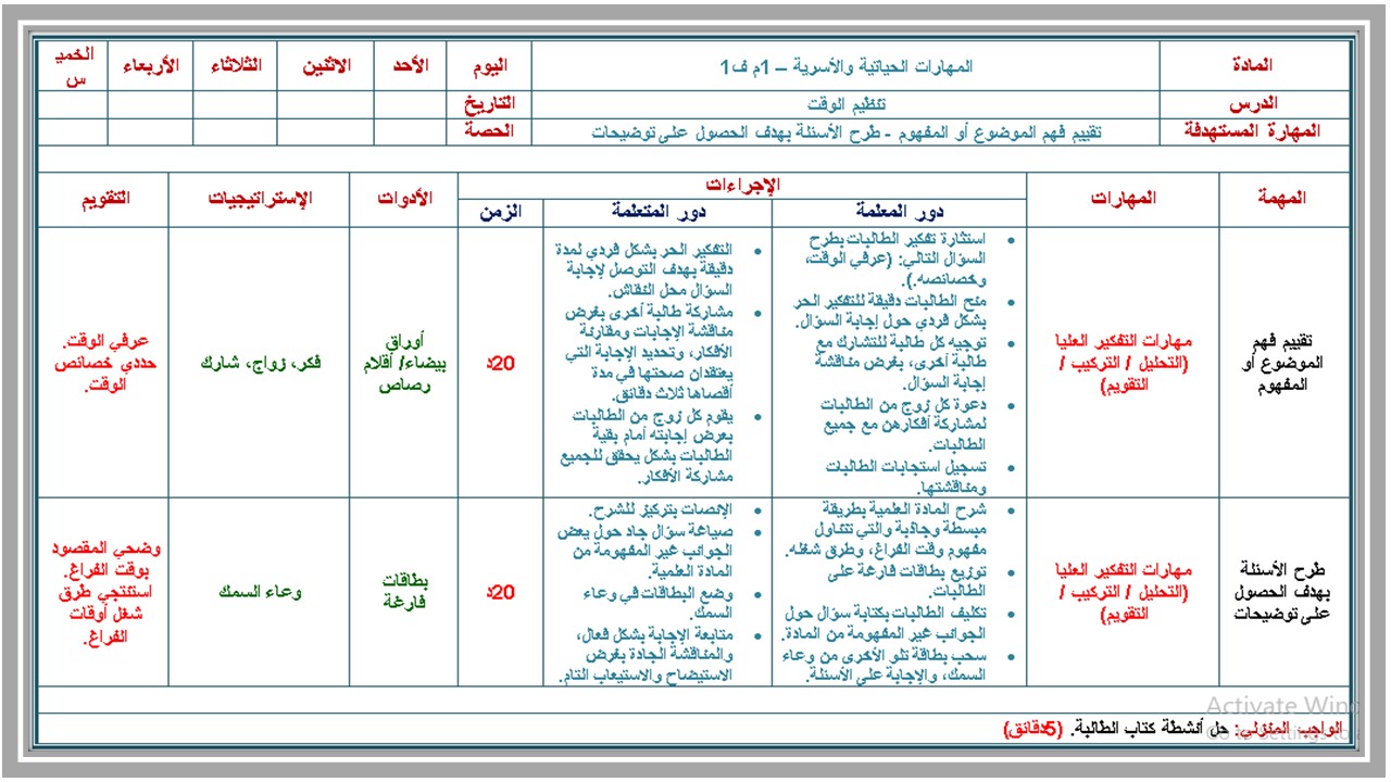 تحضير مادة التربية الأسرية أول متوسط فصل دراسي أول