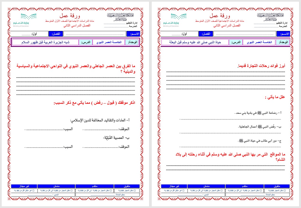 أوراق عمل مادة اجتماعيات أول متوسط فصل دراسي ثاني