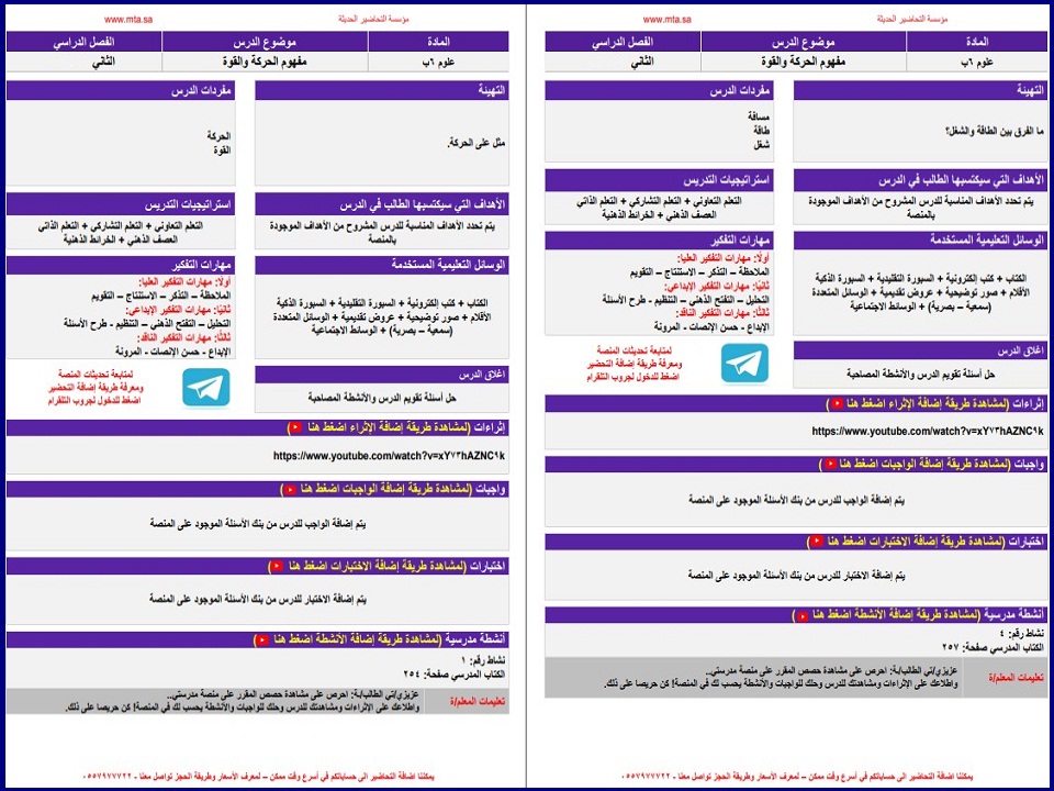 تحضير التربية الفكريه مادة العلوم الصف السادس الابتدائي الفصل الثانى