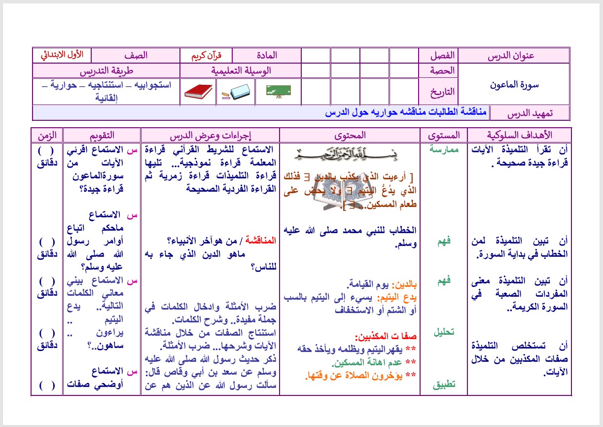 تحضير مادة القرآن الكريم اول ابتدائى الفصل الدراسي الثانى