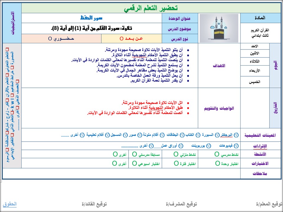 تحضير مادة القرآن الكريم للصف الثالث الابتدائي الفصل الدراسي الثاني