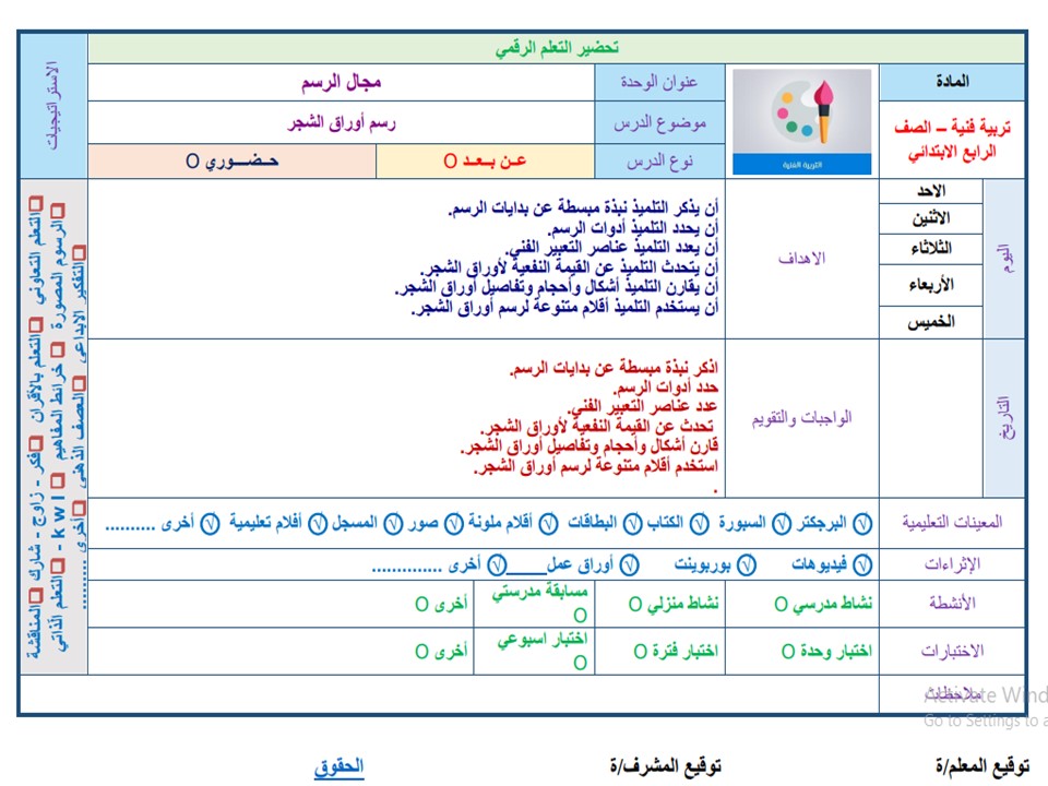 بور بوينت ماده التربيه الفنيه للصف الرابع الابتدائي الفصل الدراسي الاول