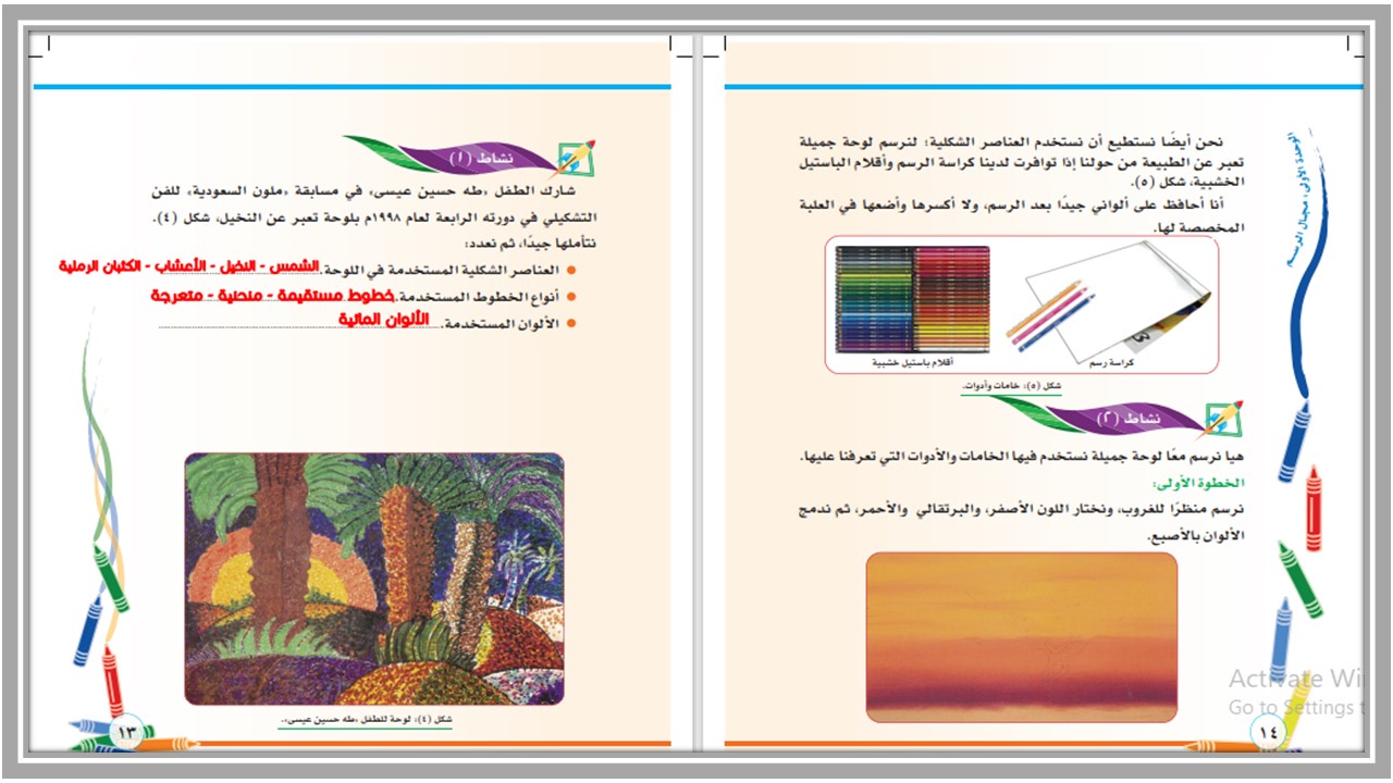حل اسئلة مادة التربية الفنية للصف الثانى الابتدائي فصل دراسي اول  