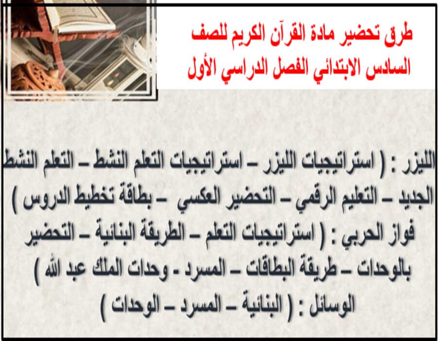 مهارات مادة القرآن الكريم للصف السادس الابتدائي الفصل الدراسي الأول