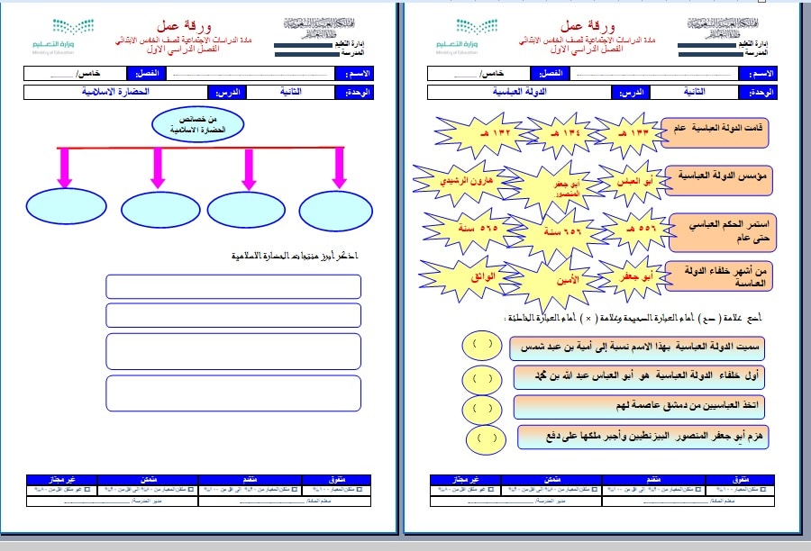 نموذج ورق عمل الإجتماعيات للصف الخامس