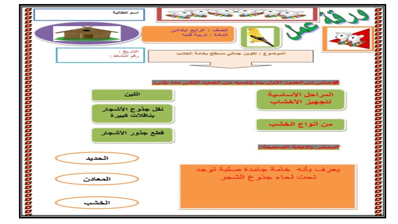 مهارات درس تكوين جمالي مسطح بخامة الخشب مادة تربية فنية للصف الرابع الابتدائي الفصل الدراسي الثالث