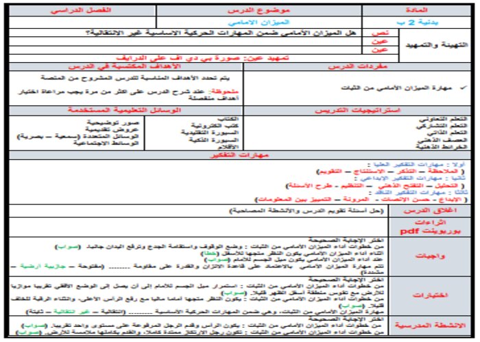 تحضير درس الميزان الامامي من الثبات مادة التربية البدنية للصف الثانى الابتدائي فصل دراسي اول