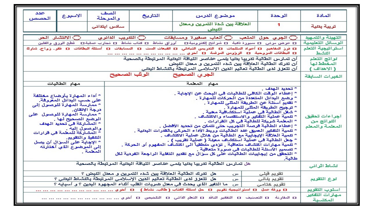 تحضير درس العلاقة بين شدة التمرين ومعدل النبض مادة تربية بدنية للصف السادس الابتدائي
