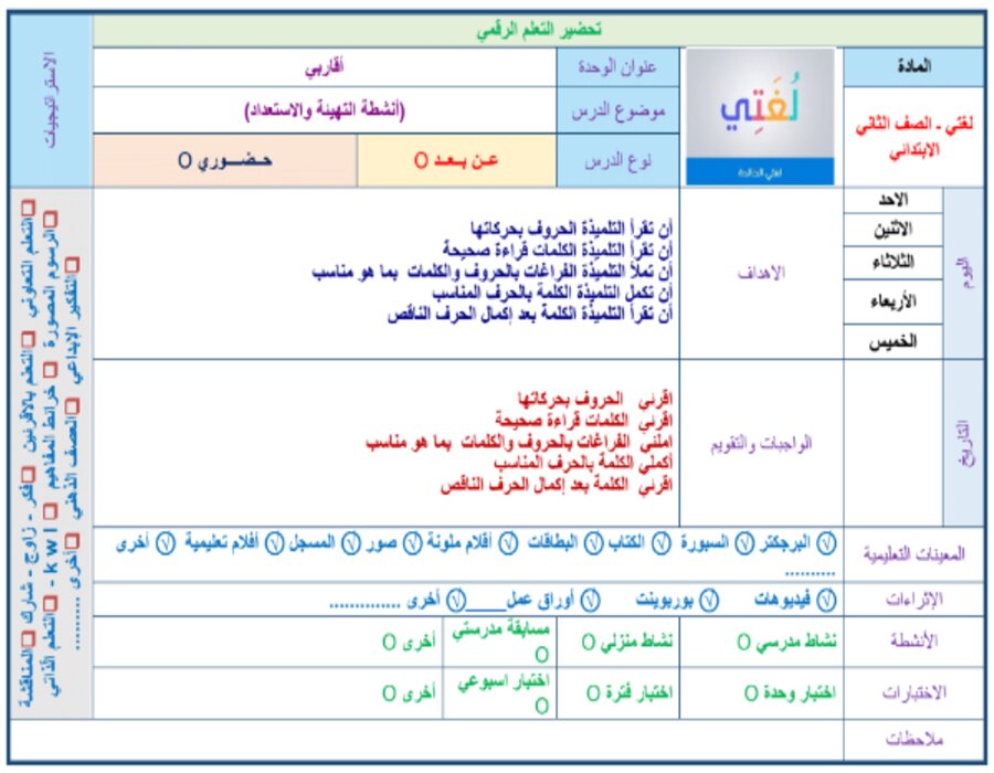 تحضير مادة لغتي للصف الثاني الإبتدائي الفصل الدراسي الأول