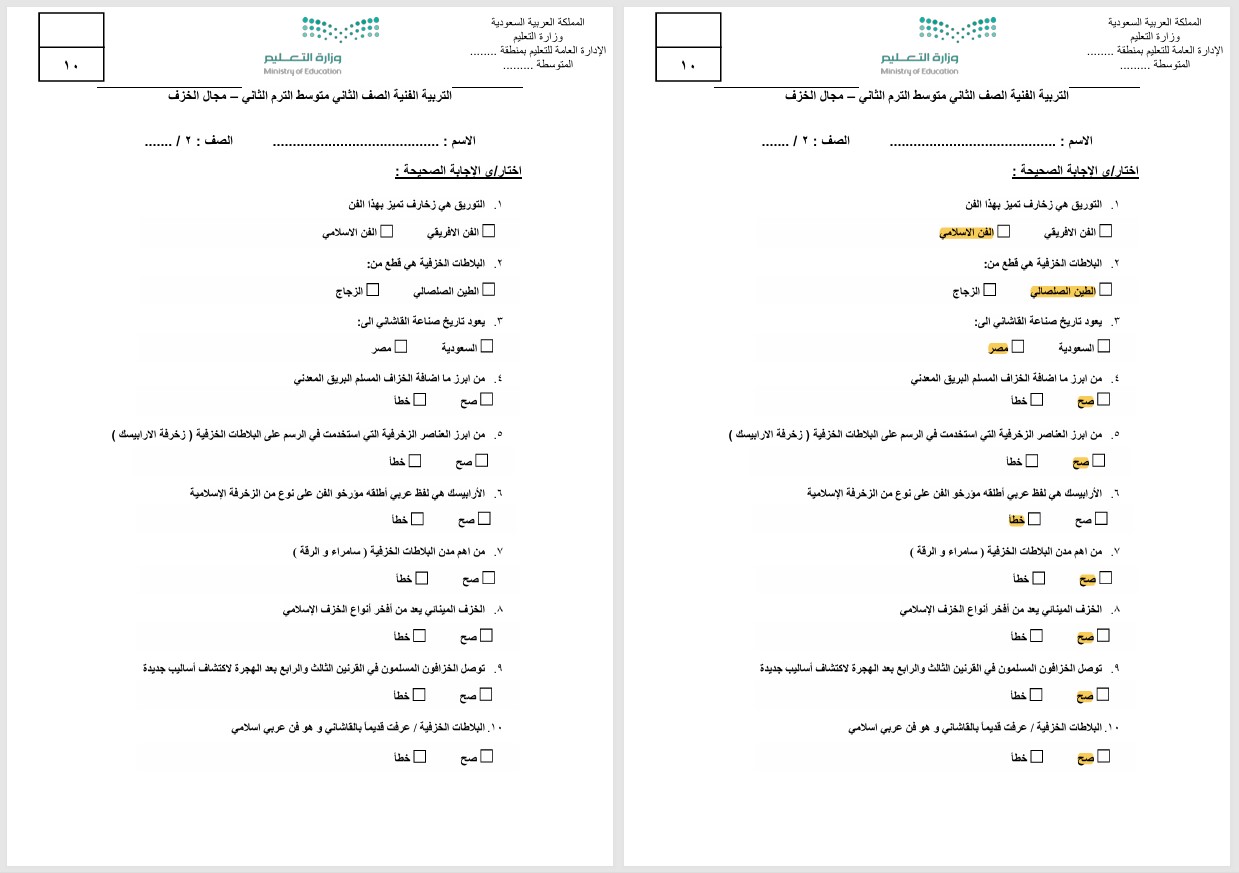 حل أسئلة لمادة التربية الفنية الصف الثانى متوسط الفصل الدراسى الثانى