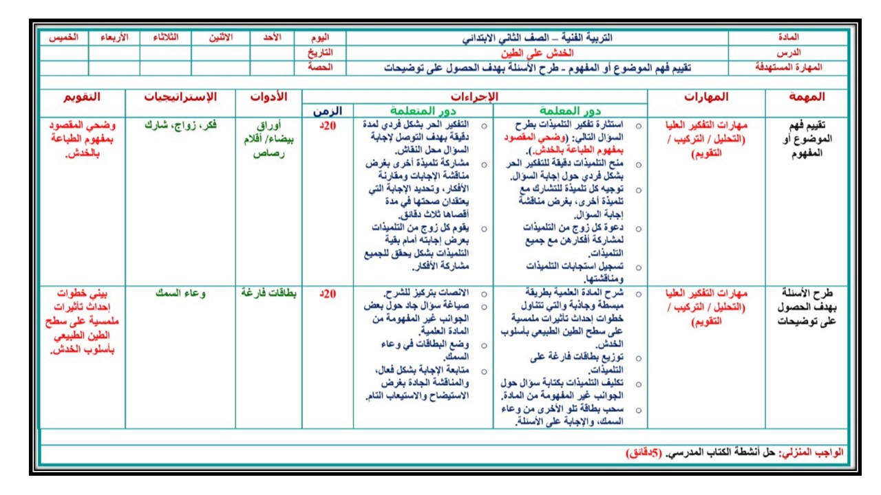 تحضير درس الخدش علي الطين مادة التربية الفنية ثاني ابتدائي