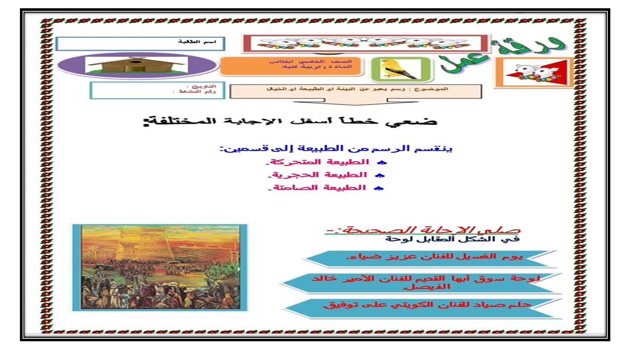تحضير درس رسم يعبر عن الطبيعة أو البيئة أو الخيال مادة التربيه الفنية الصف الخامس الابتدائي