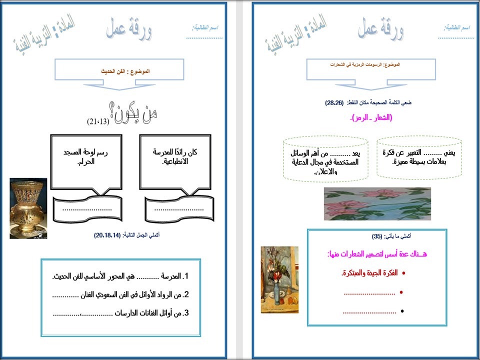 مهارات مادة التربية الفنية صف ثانى متوسط الفصل الدراسى الثانى  