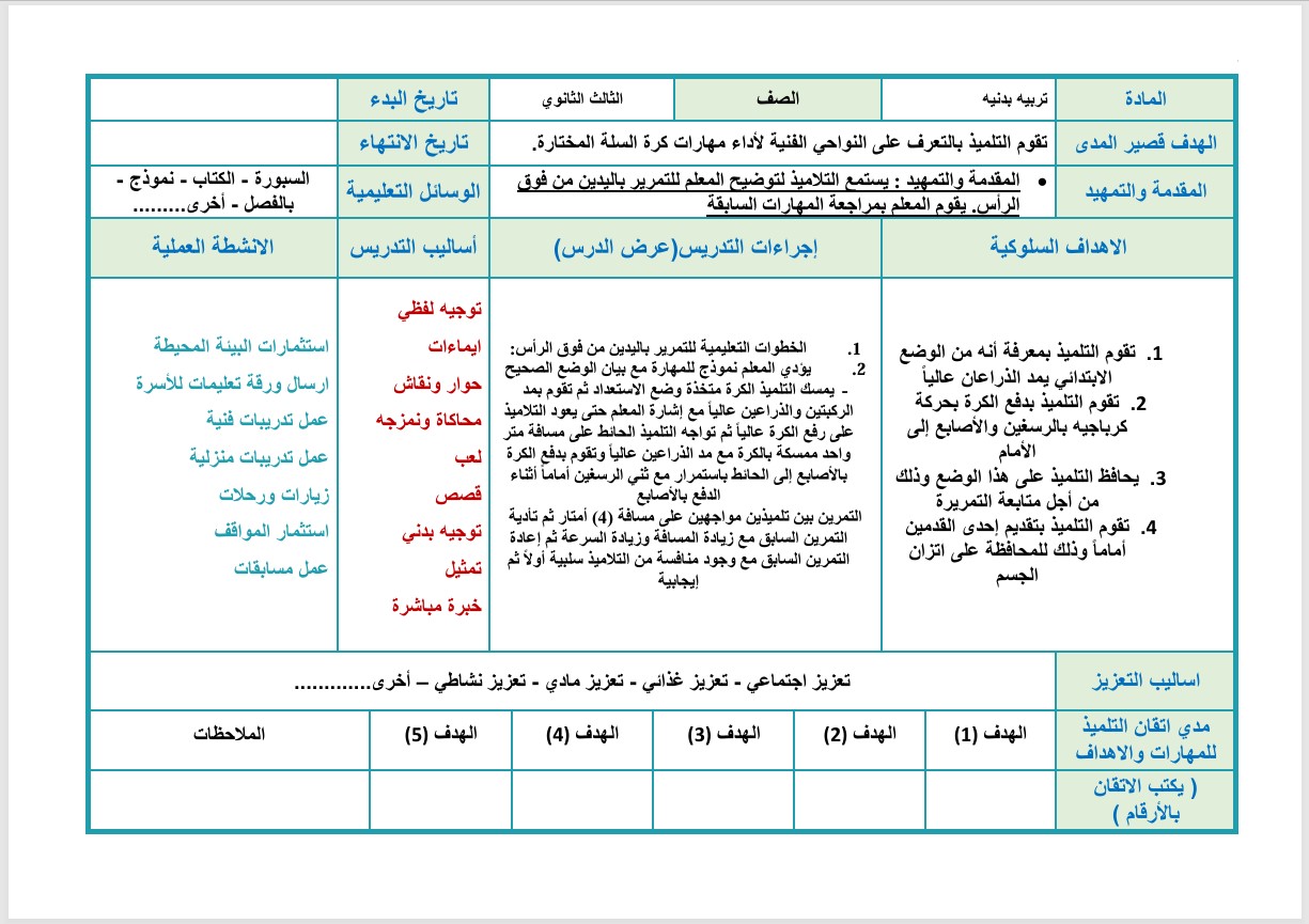 تحضير مادة التربية البدنية التربية الفكرية الصف الثالث الثانوي الفصل الثاني
