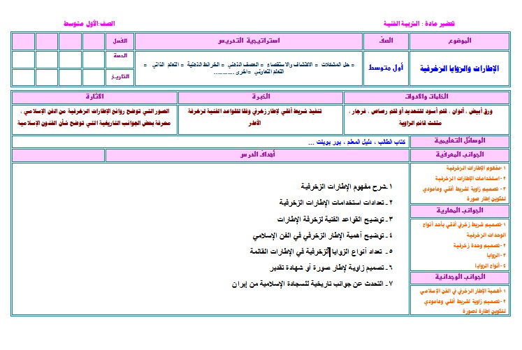 نموذج تحضير مادة التربية الفنية الصف الاول المتوسط الفصل الدراسى الثانى