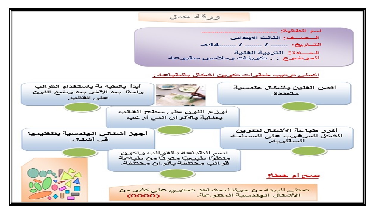 تحضير درس تكوينات وملامس مطبوعة مادة التربية الفنية الصف الثالث الإبتدائي