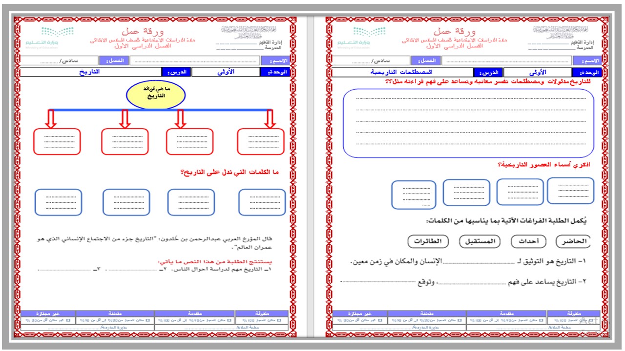 ورق عمل مادة إجتماعيات الصف السادس الإبتدائى الفصل الدراسى الأول 