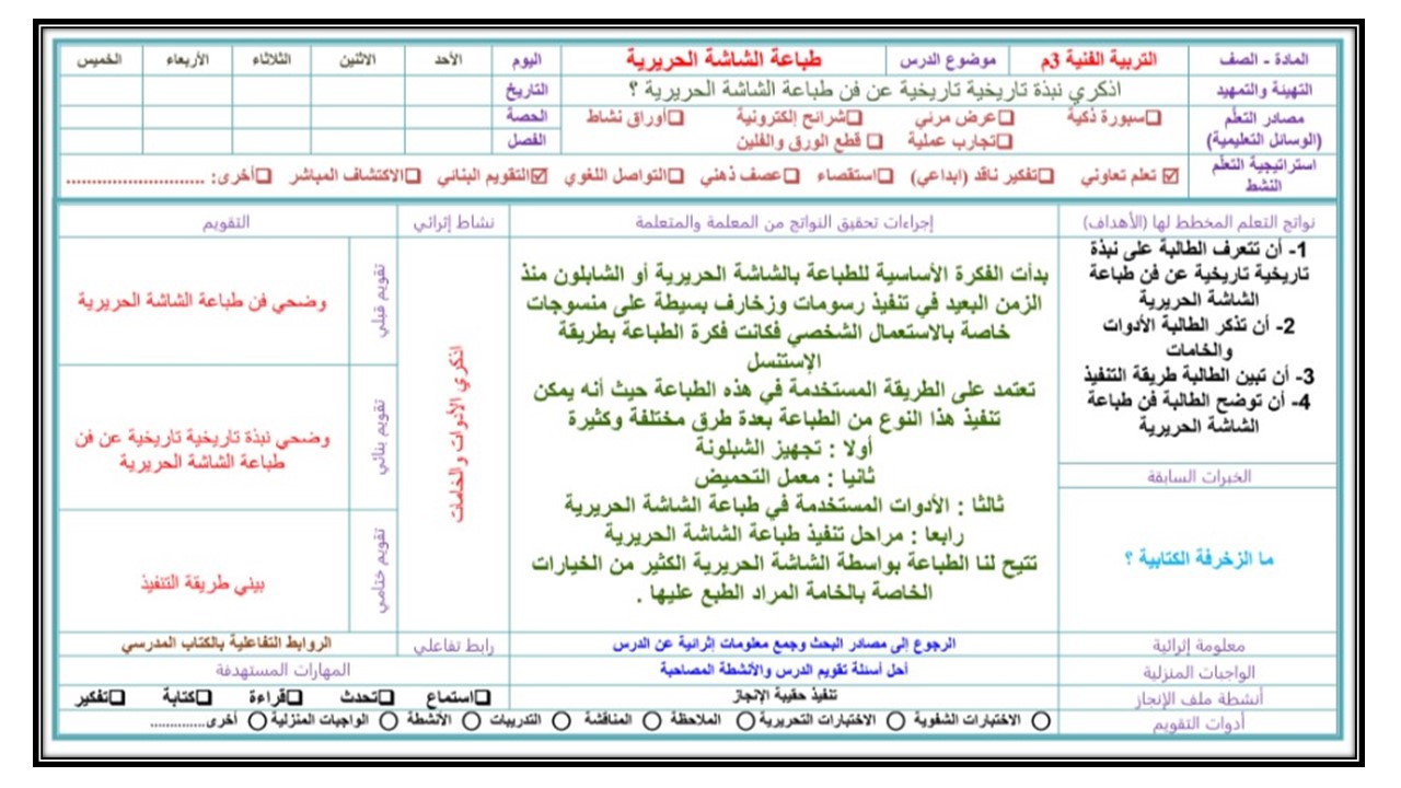 مهارات درس طباعة الشاشة الحريرية مادة التربية الفنية الصف الثالث المتوسط