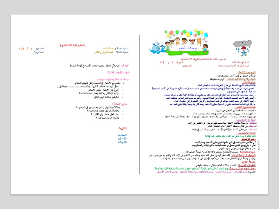 تحضير حلقة آداب استعمال الماء بالطريقة الإستقصائية وحدة الماء رياض أطفال