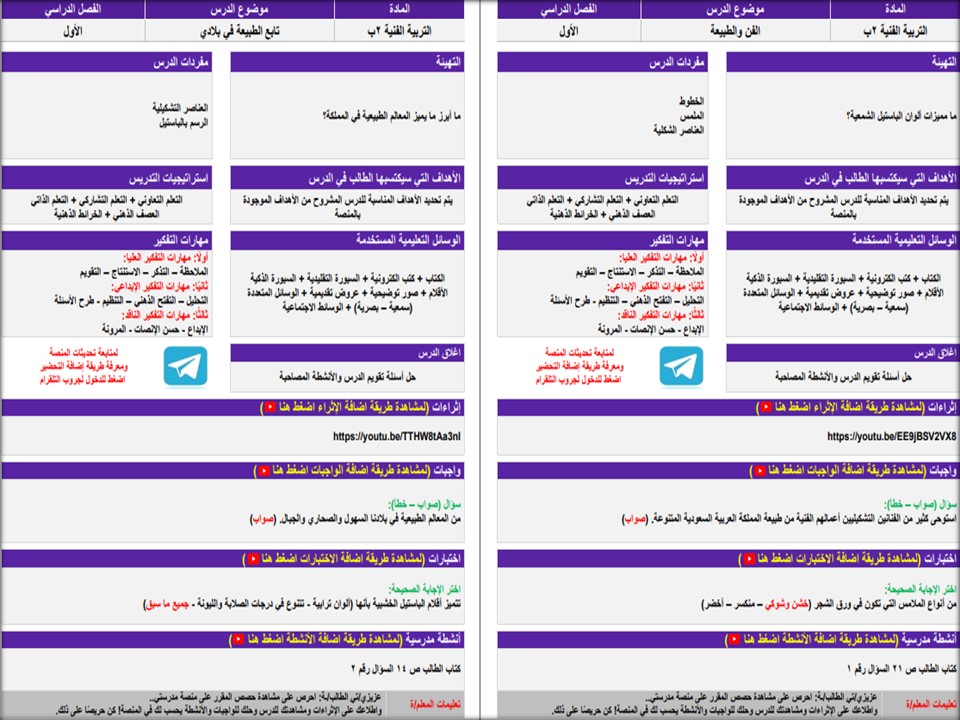 تحضير منصة مدرستي مادة تربية فنية صف ثاني إبتدائي فصل دراسي اول