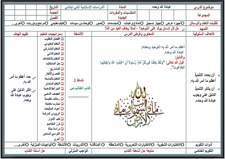 تحضير مادة الدراسات الإسلامية الصف الثاني الابتدائي للفصل الدراسي الثاني