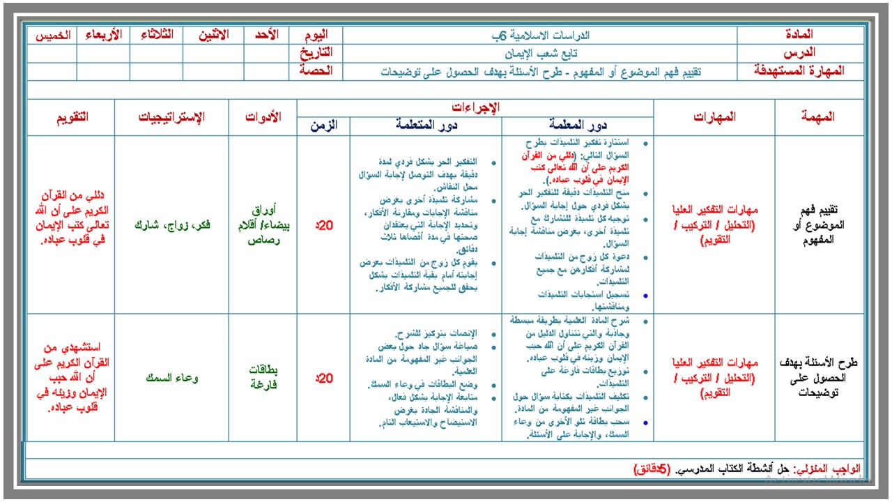 تحضير مادة الدراسات الإسلامية الصف السادس الابتدائي الفصل الدراسي الأول 