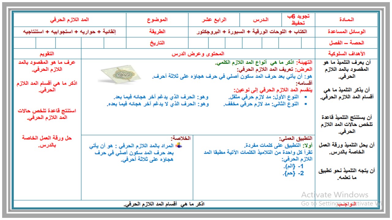 ورق عمل القرآن وتجويده الصف السادس الابتدائي فصل دراسي ثاني