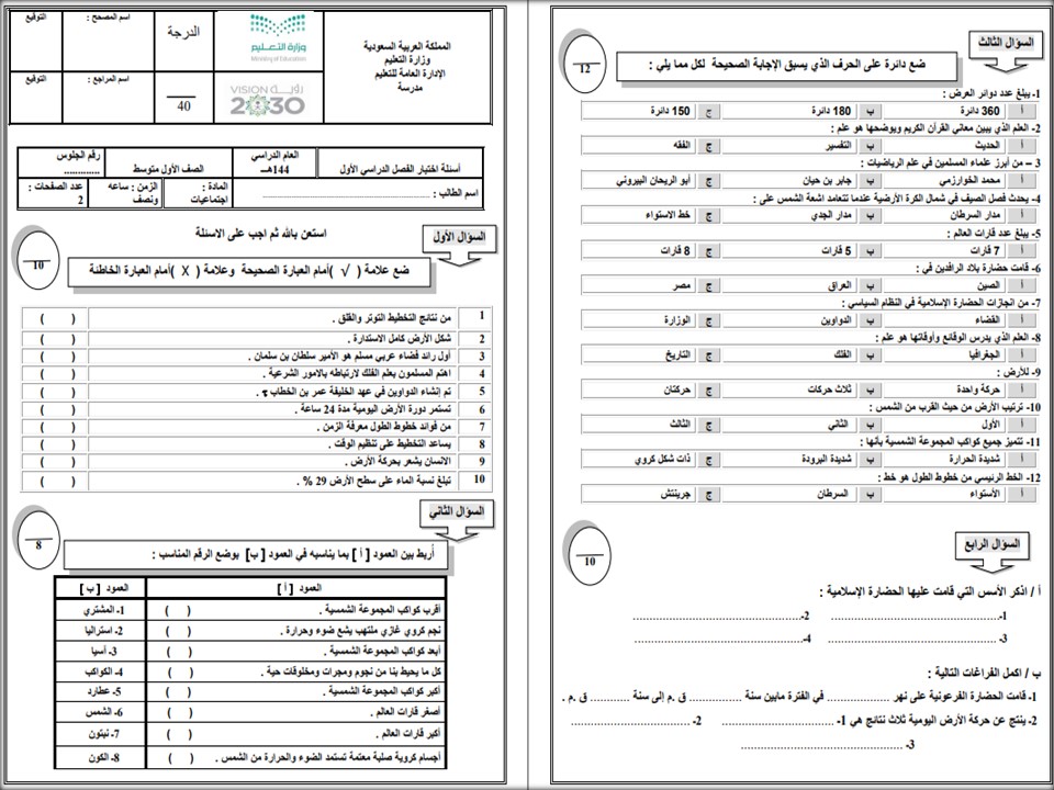 بور بوينت مادة الدراسات الاجتماعية صف اول متوسط فصل دراسي اول