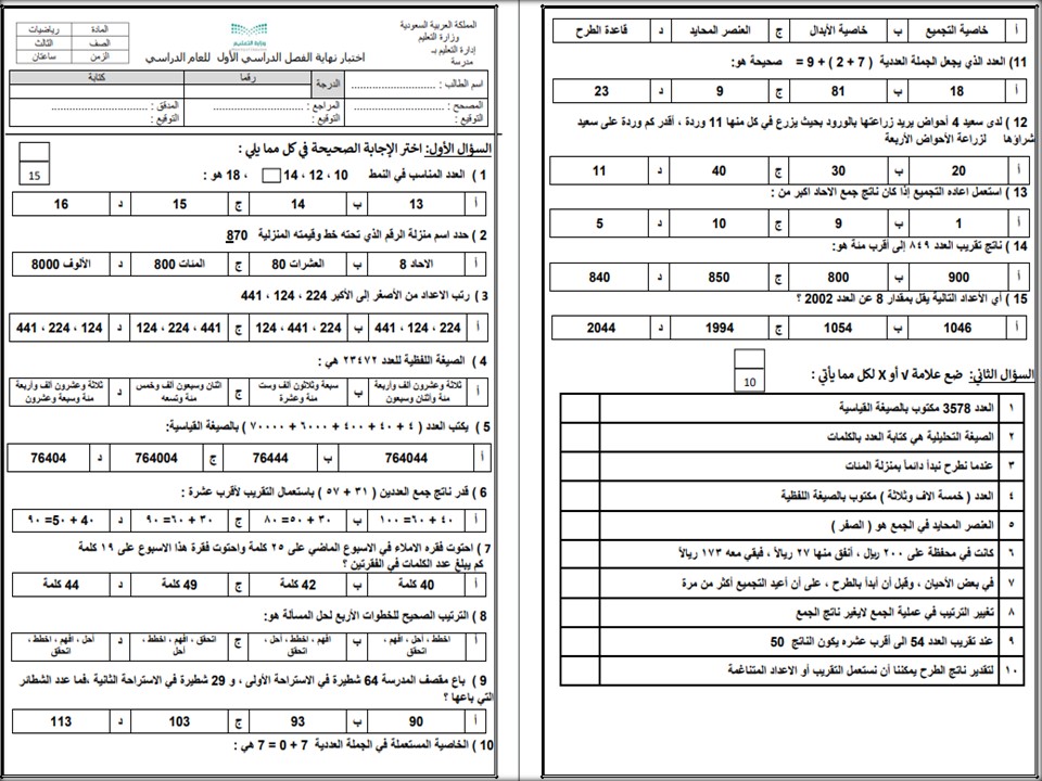 بوربوينت لمادة الرياضيات الصف الثالث الابتدائي الفصل الدراسي الاول