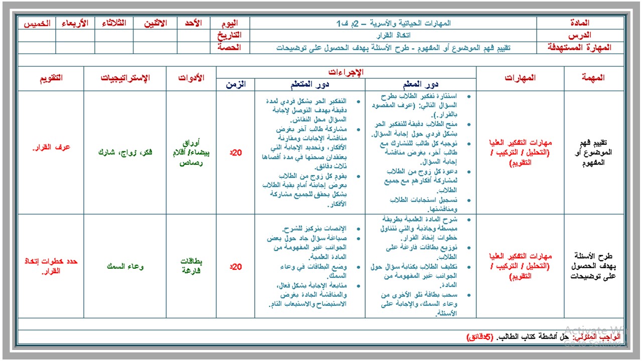 تحضير التربية الاسرية الصف الثاني المتوسط فصل دراسي اول  