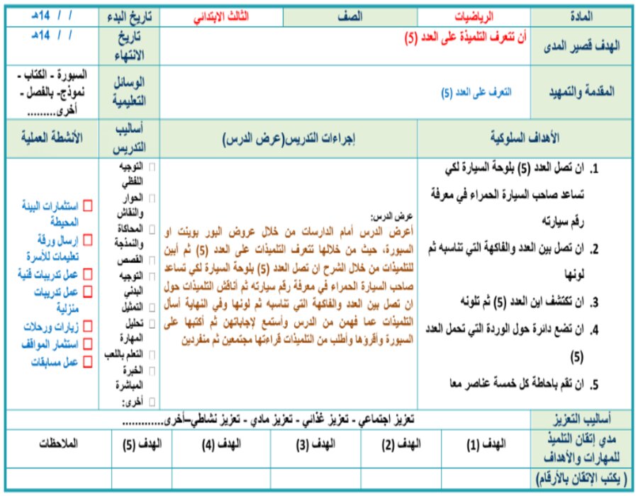 تحضير لمادة الرياضيات الصف الثالث ابتدائي تربية فكرية فصل دراسي اول