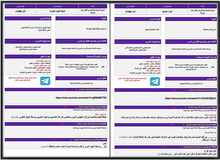 تحضير مادة التربية البدنية الصف الاول المتوسط فصل دراسي اول