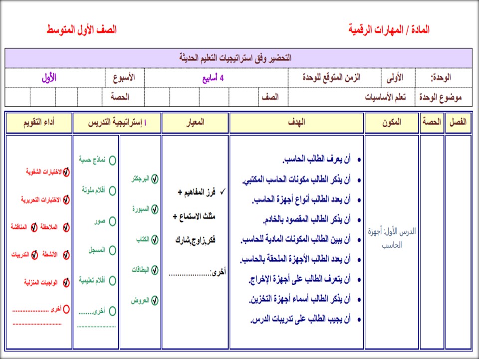 تحضير مادة الحاسب الالى صف أول متوسط فصل دراسي اول