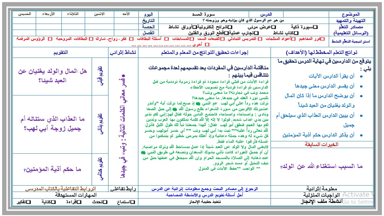 تحضير مادة القرآن الكريم أول كبيرات فصل دراسي اول 
