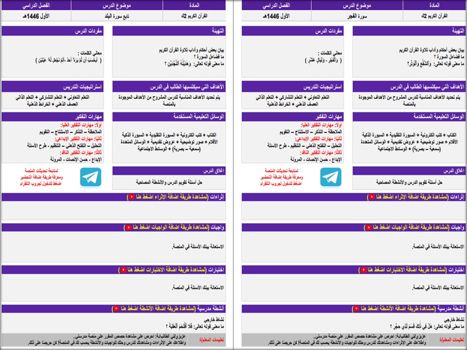 تحضير مادة القرآن الكريم ثاني كبيرات فصل دراسي اول