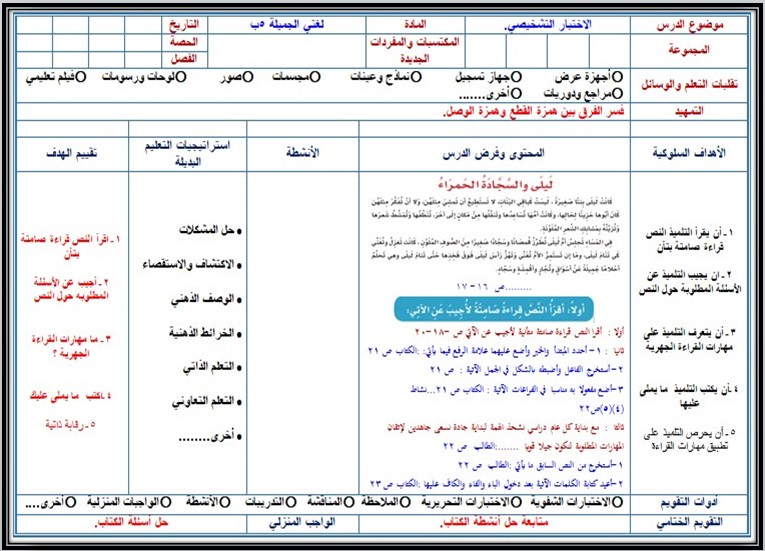 تحضير مادة لغتي للصف الخامس الابتدائي الفصل الدراسي الأول