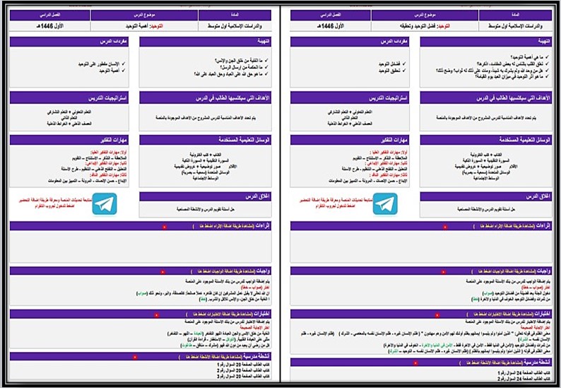 توزيع المنهج لمادة الدراسات الإسلامية الصف الأول المتوسط