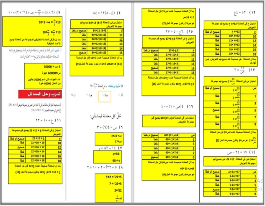 حل اسئلة مادة الرياضيات الصف الاول المتوسط فصل دراسي اول