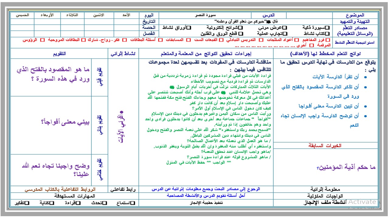 مهارات مادة القرآن الكريم أول كبيرات فصل دراسي اول  