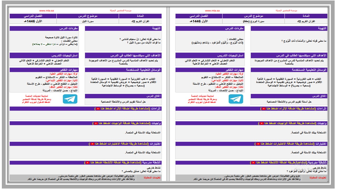 مهارات مادة القرآن الكريم ثاني كبيرات فصل دراسي اول