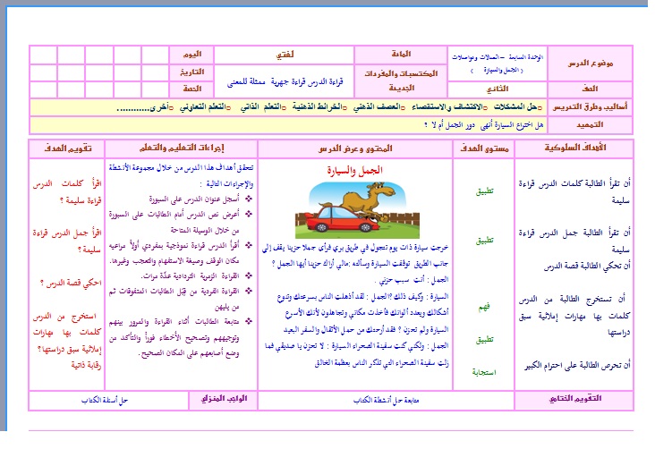 تحضير درس الجمل والسيارة مادة لغتي الصف الثاني الابتدائي الفصل الدراسي اول